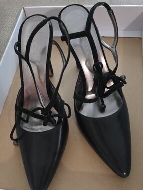 Calvin Klein Black Pointed Toe Slingback Heels with Lace Detail